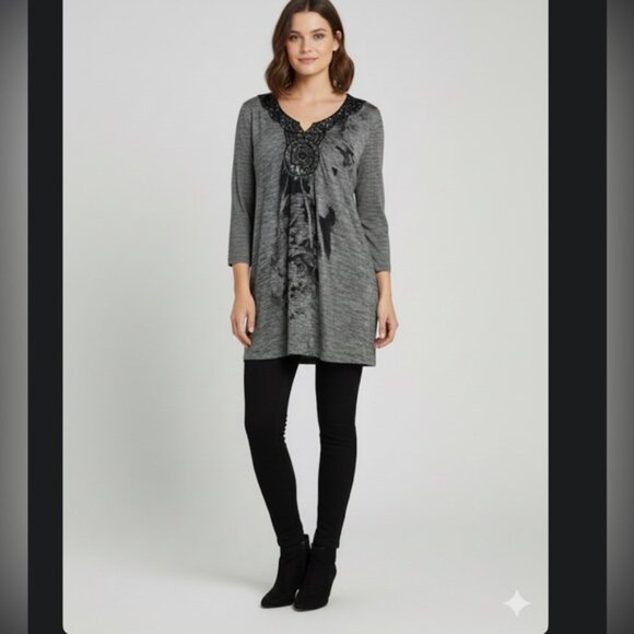 Covington Top Beaded Reflective Tunic Lace Floral 3/4 Sleeve Long Blouse Gray XL - Picture 7 of 16